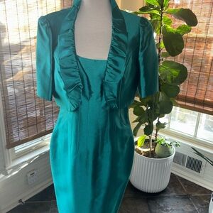 NWT Kay Unger Teal Midi Dress with Ruffle Detail Jacket